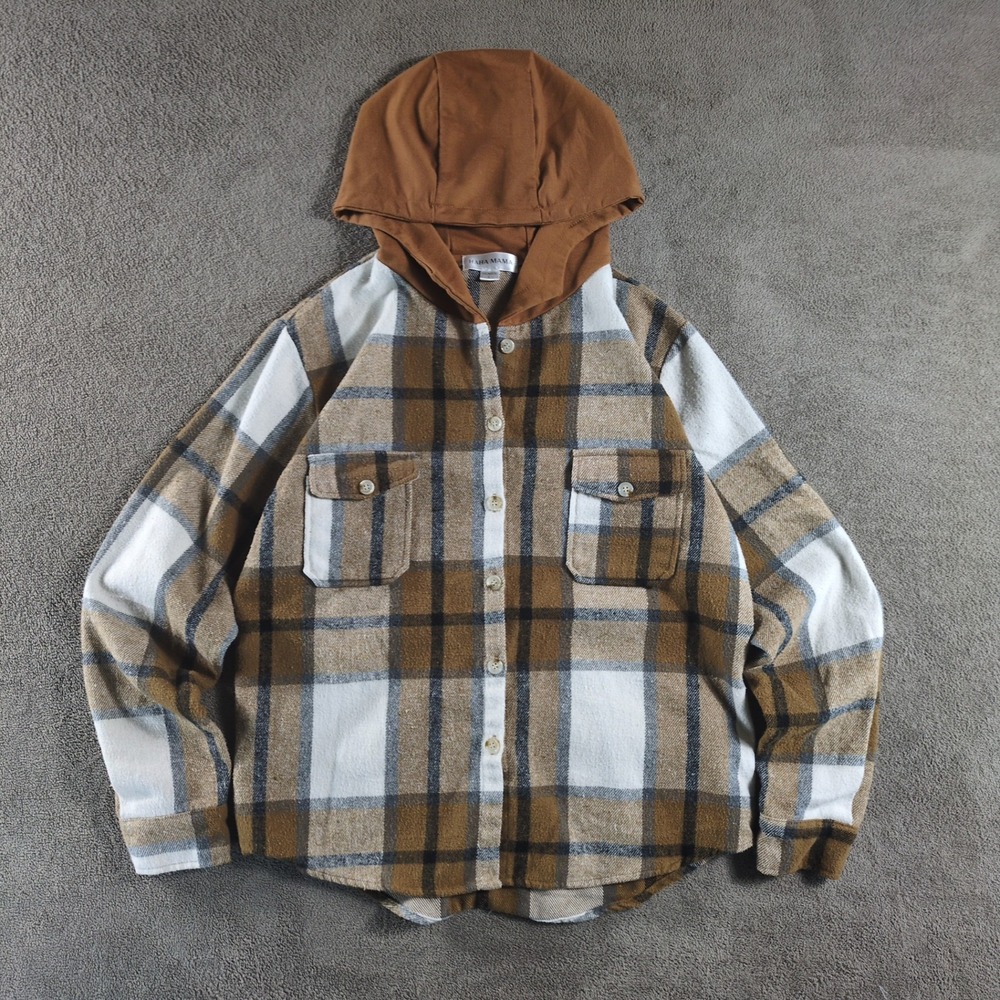 Women’s Brown Plaid Button-Down Shirt with Hood